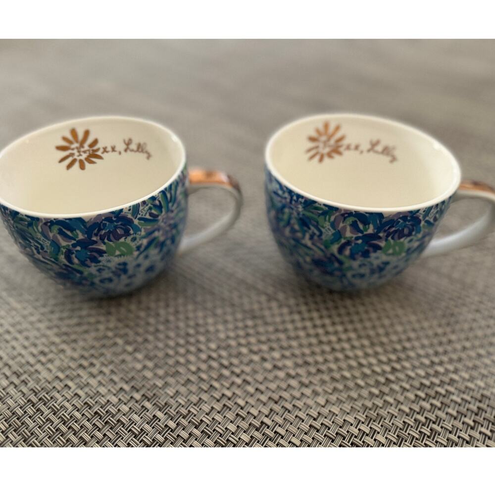 Lilly Pulitzer Hidden Cat Floral Set/2 Coffee Cappuccino Mug 12oz Blue Gold GIFT